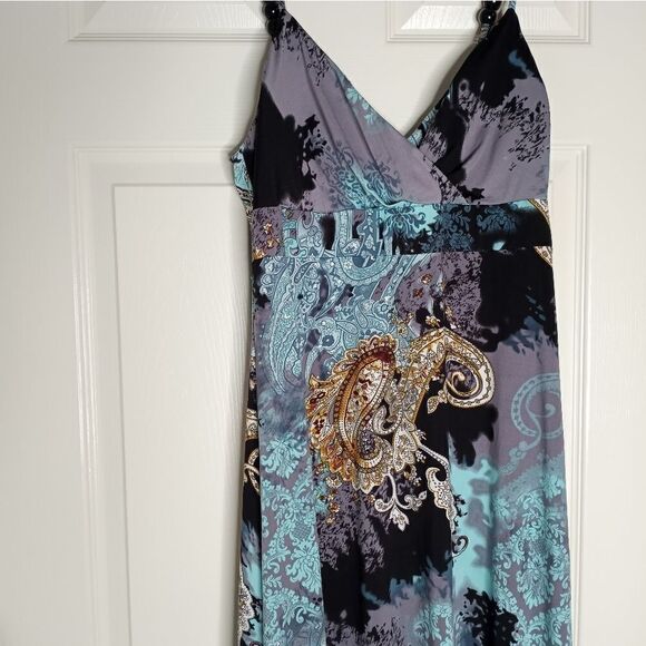 Essentials By Milano Sz M Womens Maxi Dress Paisley Green Beads Spaghetti - Picture 3 of 13